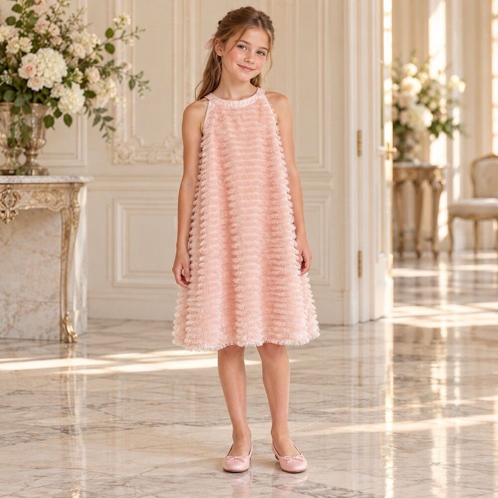 GB Girls Blush Pink Fringe Sleeveless A Line Party dress L